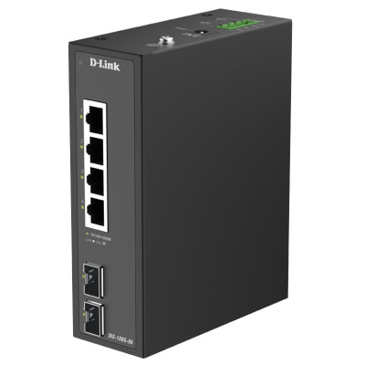 D-Link DIS-100G-06 6-Port Unmanaged Industrial Ethernet Switch, 2 SFP slots, Plug-and-play, Fanless, DIN-rail mount